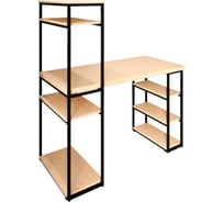 Стол стеллаж Solarius Loft письменный, компьютерный с полками и открытой тумбой, 130x60 см, без шлифовки и покраски с черным каркасом stol-stellaz-net-13060-black