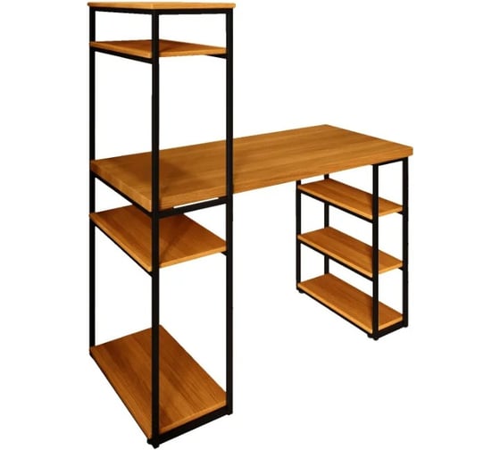 Стол стеллаж Solarius Loft письменный, компьютерный с полками и открытой тумбой, 120x60 см, цвет ольхи с черным каркасом stol-stellaz-olha-12060-black