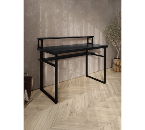 Стол компьютерный Solarius Loft, 100x60 см, с подставкой под монитор и полкой под столешницей, цвета черного оникса с черным металлическим каркасом stol-podstavka-polka-onix-10060-black