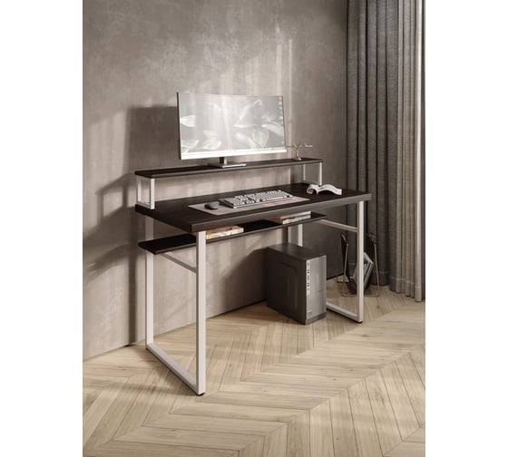 Стол компьютерный Solarius Loft, 110x60 см, с подставкой под монитор и полкой под столешницей, цвета венге с белым металлическим каркасом stol-podstavka-polka-ven-11060-white