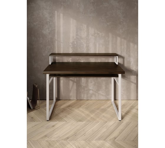 Стол компьютерный Solarius Loft, 110x60 см, с подставкой под монитор и полкой под столешницей, цвета венге с белым металлическим каркасом stol-podstavka-polka-ven-11060-white