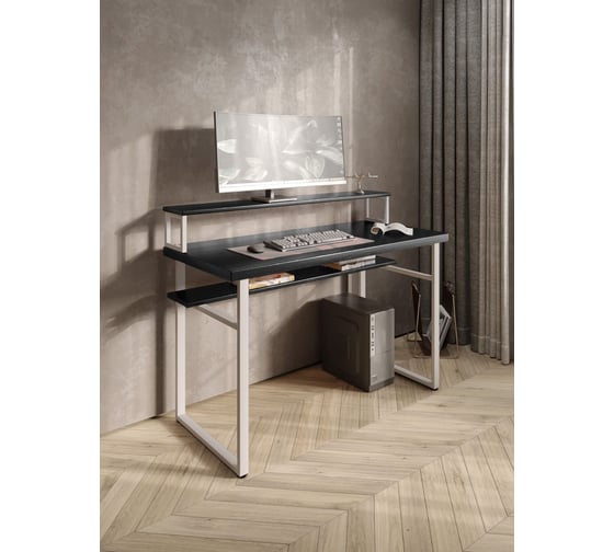 Стол компьютерный Solarius Loft, 110x60 см, с подставкой под монитор и полкой под столешницей, цвета черного оникса с белым металлическим каркасом stol-podstavka-polka-onix-11060-white