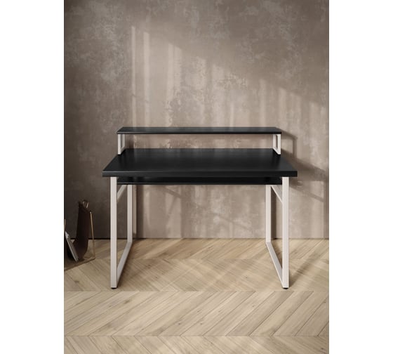 Стол компьютерный Solarius Loft, 110x60 см, с подставкой под монитор и полкой под столешницей, цвета черного оникса с белым металлическим каркасом stol-podstavka-polka-onix-11060-white
