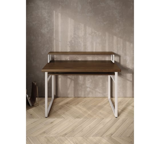 Стол компьютерный Solarius Loft, 110x60 см, с подставкой под монитор и полкой под столешницей, цвета темного дуба с белым металлическим каркасом stol-podstavka-polka-temd-11060-white