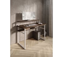 Стол компьютерный Solarius Loft, 120x60 см, с подставкой под монитор и полкой под столешницей, цвета темного дуба с белым металлическим каркасом stol-podstavka-polka-temd-12060-white