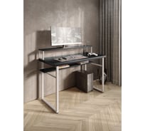 Стол компьютерный Solarius Loft, 120x60 см, с подставкой под монитор и полкой под столешницей, цвета черного оникса с белым металлическим каркасом stol-podstavka-polka-onix-12060-white