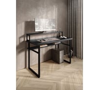 Стол компьютерный Solarius Loft, 120x60 см, с подставкой под монитор и полкой под столешницей, цвета черного оникса с черным металлическим каркасом stol-podstavka-polka-onix-12060-black