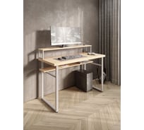 Стол компьютерный Solarius Loft, 120x60 см, с подставкой под монитор и полкой под столешницей, без шлифовки и покраски с белым металлическим каркасом stol-podstavka-polka-net-12060-white