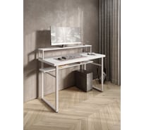 Стол компьютерный Solarius Loft, 120x60 см, с подставкой под монитор и полкой под столешницей, белого цвета с белым металлическим каркасом stol-podstavka-polka-bel-12060-white