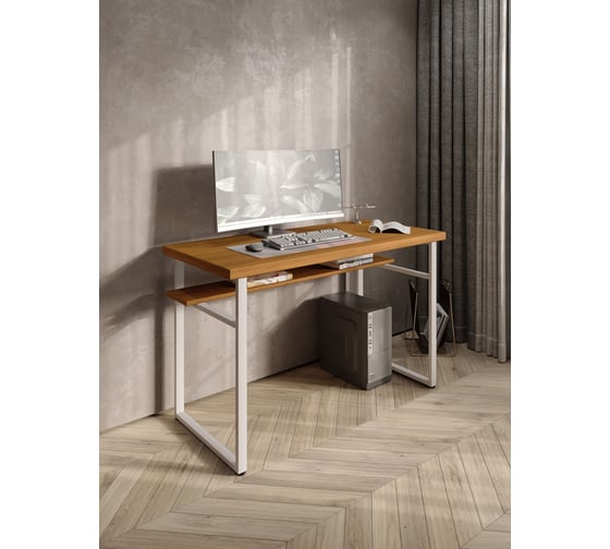 Стол компьютерный Solarius Loft, 120x60 см, с полкой под столешницей, цвета ольхи с белым металлическим каркасом stol-polka-olha-12060-white