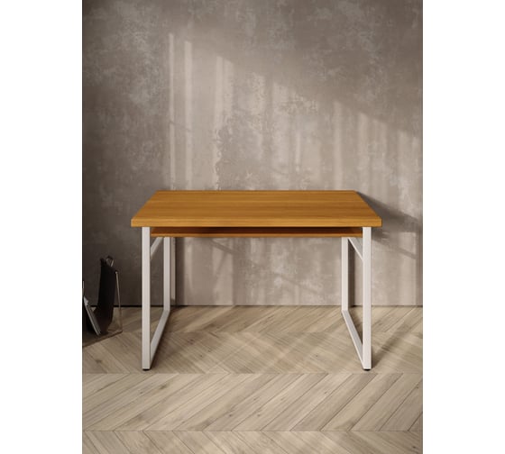 Стол компьютерный Solarius Loft, 120x60 см, с полкой под столешницей, цвета ольхи с белым металлическим каркасом stol-polka-olha-12060-white