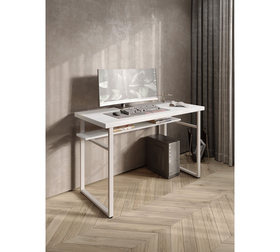 Стол компьютерный Solarius Loft, 120x60 см, с полкой под столешницей, белого цвета с белым металлическим каркасом stol-polka-bel-12060-white
