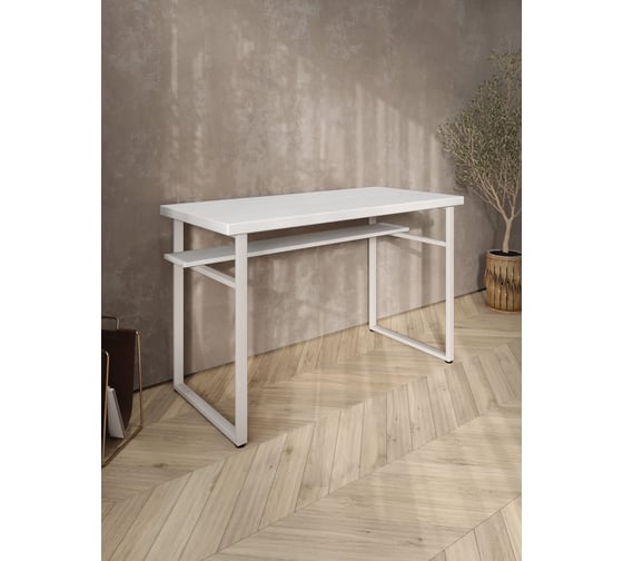 Стол компьютерный Solarius Loft, 120x60 см, с полкой под столешницей, белого цвета с белым металлическим каркасом stol-polka-bel-12060-white