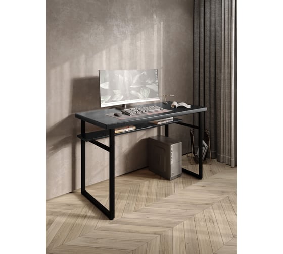 Стол компьютерный Solarius Loft, 110x60 см, с полкой под столешницей, цвета черного оникса с черным металлическим каркасом stol-polka-onix-11060-black