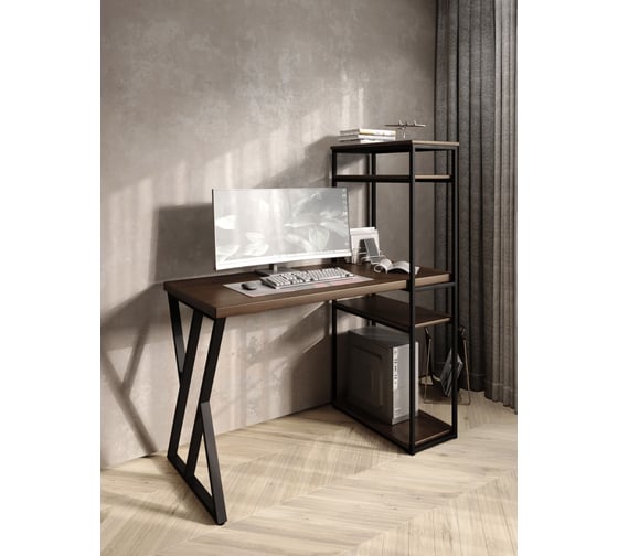 Стол-стеллаж письменный Solarius Loft, 100x60x148 см, с четырьмя полками, цвета темного дуба с черным металлическим каркасом и Z-образной ножкой stol-stellaz-4polki-temd-10060-Z-black