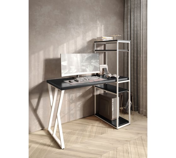 Стол-стеллаж письменный Solarius Loft, 100x60x148 см, с четырьмя полками, цвета черного оникса с белым металлическим каркасом и Z-образной ножкой stol-stellaz-4polki-onix-10060-Z-white