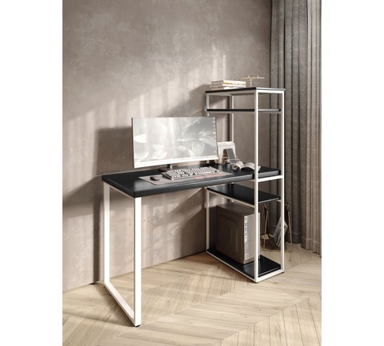 Стол-стеллаж письменный Solarius Loft, 100x60x148 см, с четырьмя полками, цвета черного оникса с белыми металлическими Лофт ножками stol-stellaz-4polki-onix-10060-white 1