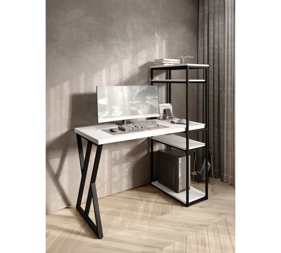 Стол-стеллаж письменный Solarius Loft, 100x60x148 см, с четырьмя полками, белого цвета с черным металлическим каркасом и Z-образной ножкой stol-stellaz-4polki-bel-10060-Z-black