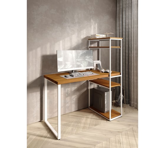 Стол-стеллаж письменный Solarius Loft, 110x60x148 см, с четырьмя полками, цвета ольхи с белыми металлическими Лофт ножками stol-stellaz-4polki-olha-11060-white 1