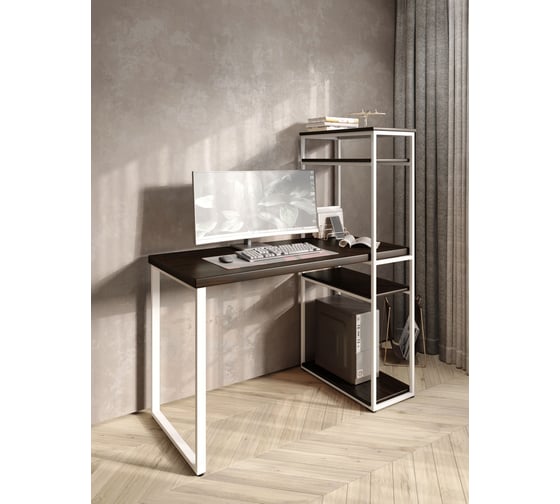 Стол-стеллаж письменный Solarius Loft, 110x60x148 см, с четырьмя полками, цвета венге с белыми металлическими Лофт ножками stol-stellaz-4polki-ven-11060-white 1