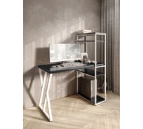 Стол-стеллаж письменный Solarius Loft, 110x60x148 см, с четырьмя полками, цвета черного оникса с белым металлическим каркасом и Z-образной ножкой stol-stellaz-4polki-onix-11060-Z-white