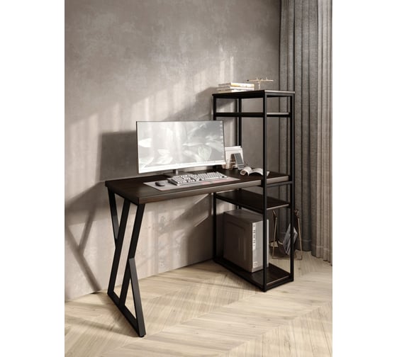 Стол-стеллаж письменный Solarius Loft, 110x60x148 см, с четырьмя полками, цвета венге с черным металлическим каркасом и Z-образной ножкой stol-stellaz-4polki-ven-11060-Z-black