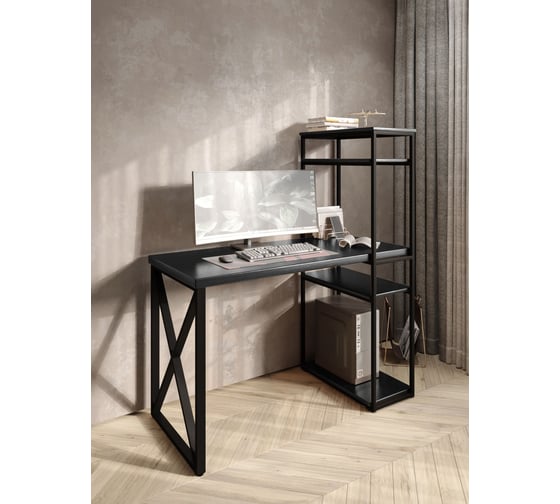 Стол-стеллаж письменный Solarius Loft, 110x60x148 см, с четырьмя полками, цвета черного оникса с черным металлическим каркасом и крестообразной ножкой stol-stellaz-4polki-onix-11060-krest-black