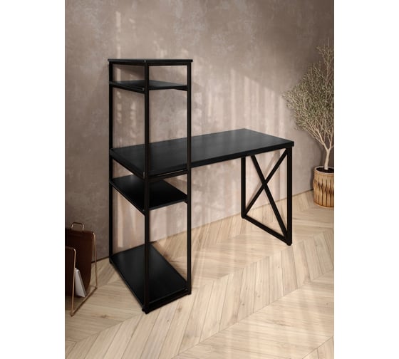 Стол-стеллаж письменный Solarius Loft, 110x60x148 см, с четырьмя полками, цвета черного оникса с черным металлическим каркасом и крестообразной ножкой stol-stellaz-4polki-onix-11060-krest-black