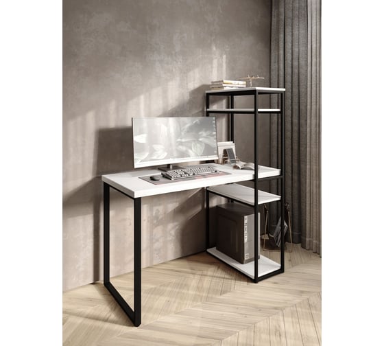 Стол-стеллаж письменный Solarius Loft, 110x60x148 см, с четырьмя полками, белого цвета с черными металлическими Лофт ножками stol-stellaz-4polki-bel-11060-black