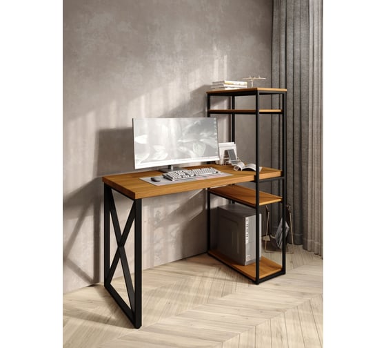 Стол-стеллаж письменный Solarius Loft, 110x60x148 см, с четырьмя полками, цвета ольхи с черным металлическим каркасом и крестообразной ножкой stol-stellaz-4polki-olha-11060-krest-black
