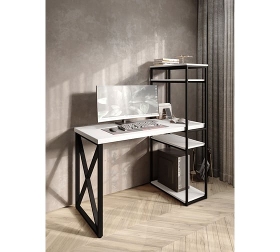 Стол-стеллаж письменный Solarius Loft, 120x60x148 см, с четырьмя полками, белого цвета с черным металлическим каркасом и крестообразной ножкой stol-stellaz-4polki-bel-12060-krest-black