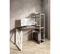 Стол-стеллаж письменный Solarius Loft, 120x60x148 см, с четырьмя полками, цвета темного дуба с белым металлическим каркасом и крестообразной ножкой stol-stellaz-4polki-temd-12060-krest-white