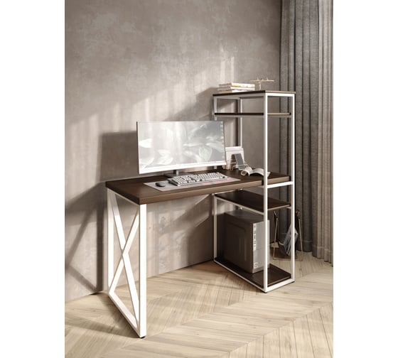Стол-стеллаж письменный Solarius Loft, 120x60x148 см, с четырьмя полками, цвета темного дуба с белым металлическим каркасом и крестообразной ножкой stol-stellaz-4polki-temd-12060-krest-white