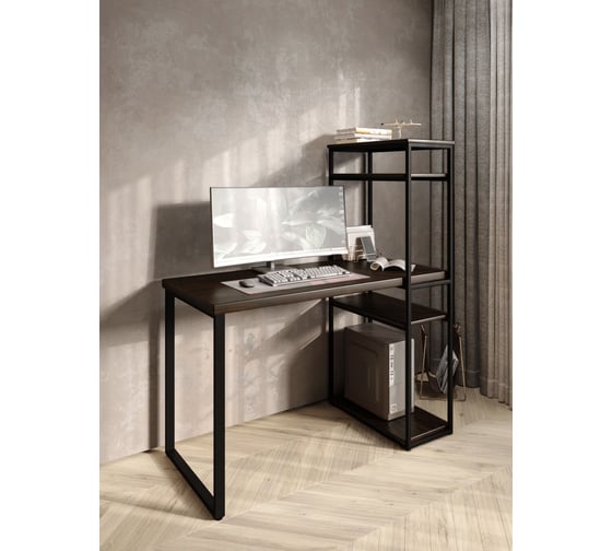 Стол-стеллаж письменный Solarius Loft, 120x60x148 см, с четырьмя полками, цвета венге с черными металлическими Лофт ножками stol-stellaz-4polki-ven-12060-black