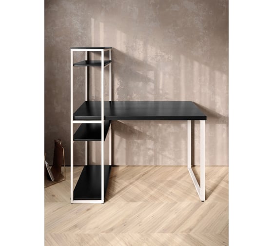 Стол-стеллаж письменный Solarius Loft, 130x60x148 см, с четырьмя полками, цвета черного оникса с белыми металлическими Лофт ножками stol-stellaz-4polki-onix-13060-white
