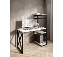 Стол-стеллаж письменный Solarius Loft, 130x60x148 см, с четырьмя полками, белого цвета с черным металлическим каркасом и крестообразной ножкой stol-stellaz-4polki-bel-13060-krest-black