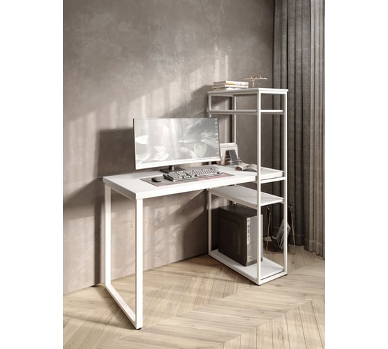 Стол-стеллаж письменный Solarius Loft, 130x60x148 см, с четырьмя полками, белого цвета с белыми металлическими Лофт ножками stol-stellaz-4polki-bel-13060-white