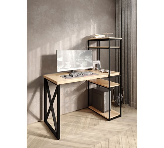 Стол-стеллаж письменный Solarius Loft, 140x60x148 см, с четырьмя полками, без шлифовки и покраски с черным металлическим каркасом и крестообразной ножкой stol-stellaz-4polki-net-14060-krest-black