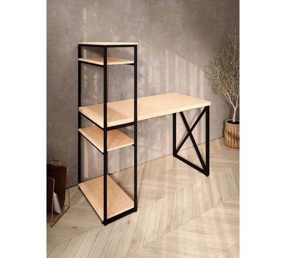 Стол-стеллаж письменный Solarius Loft, 140x60x148 см, с четырьмя полками, без шлифовки и покраски с черным металлическим каркасом и крестообразной ножкой stol-stellaz-4polki-net-14060-krest-black
