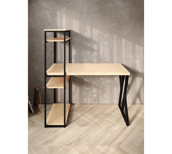 Стол-стеллаж письменный Solarius Loft, 140x60x148 см, с четырьмя полками, без шлифовки и покраски с черным металлическим каркасом и Z-образной ножкой stol-stellaz-4polki-net-14060-Z-black