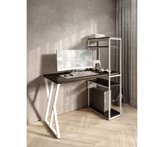 Стол-стеллаж письменный Solarius Loft, 140x60x148 см, с четырьмя полками, цвета венге с белым металлическим каркасом и Z-образной ножкой stol-stellaz-4polki-ven-14060-Z-white 1