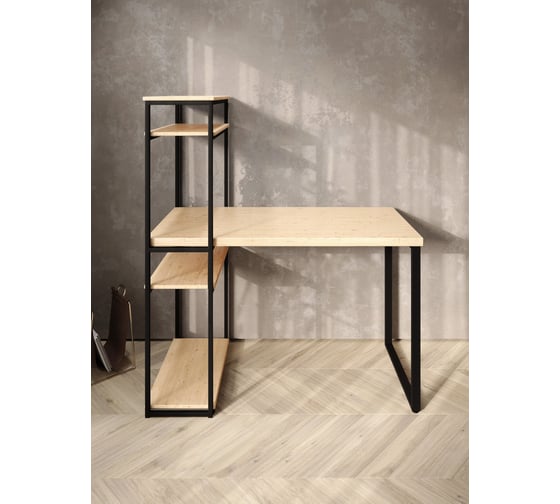 Стол-стеллаж письменный Solarius Loft, 140x60x148 см, с четырьмя полками, без шлифовки и покраски с черными металлическими Лофт ножками stol-stellaz-4polki-net-14060-black