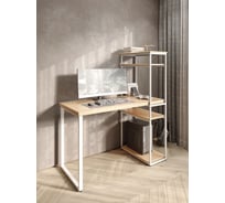 Стол-стеллаж письменный Solarius Loft, 140x60x148 см, с четырьмя полками, без шлифовки и покраски с белыми металлическими Лофт ножками stol-stellaz-4polki-net-14060-white