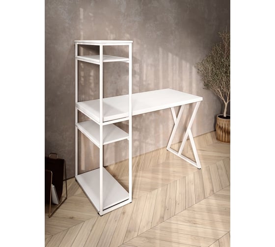 Стол-стеллаж письменный Solarius Loft, 90x60x148 см, с четырьмя полками, белого цвета с белым металлическим каркасом и Z-образной ножкой stol-stellaz-4polki-bel-9060-Z-white