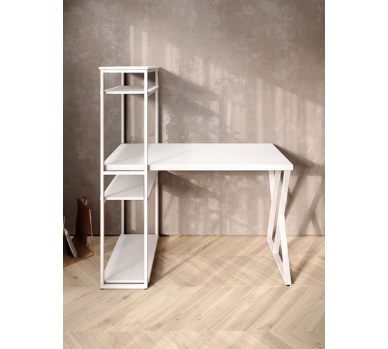 Стол-стеллаж письменный Solarius Loft, 90x60x148 см, с четырьмя полками, белого цвета с белым металлическим каркасом и Z-образной ножкой stol-stellaz-4polki-bel-9060-Z-white