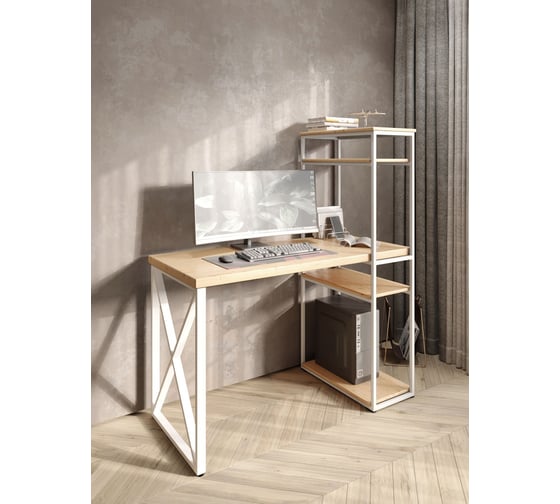 Стол-стеллаж письменный Solarius Loft, 90x60x148 см, с четырьмя полками, без шлифовки и покраски с белым металлическим каркасом и крестообразной ножкой stol-stellaz-4polki-net-9060-krest-white