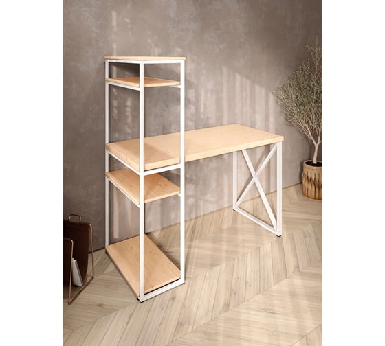 Стол-стеллаж письменный Solarius Loft, 90x60x148 см, с четырьмя полками, без шлифовки и покраски с белым металлическим каркасом и крестообразной ножкой stol-stellaz-4polki-net-9060-krest-white