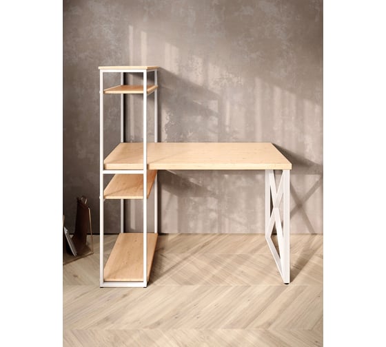 Стол-стеллаж письменный Solarius Loft, 90x60x148 см, с четырьмя полками, без шлифовки и покраски с белым металлическим каркасом и крестообразной ножкой stol-stellaz-4polki-net-9060-krest-white