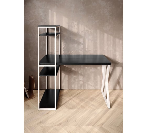 Стол-стеллаж письменный Solarius Loft, 90x60x148 см, с четырьмя полками, цвета черного оникса с белым металлическим каркасом и Z-образной ножкой stol-stellaz-4polki-onix-9060-Z-white