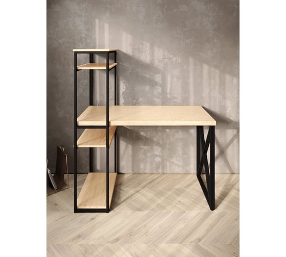 Стол-стеллаж письменный Solarius Loft, 90x60x148 см, с четырьмя полками, без шлифовки и покраски с черным металлическим каркасом и крестообразной ножкой stol-stellaz-4polki-net-9060-krest-black
